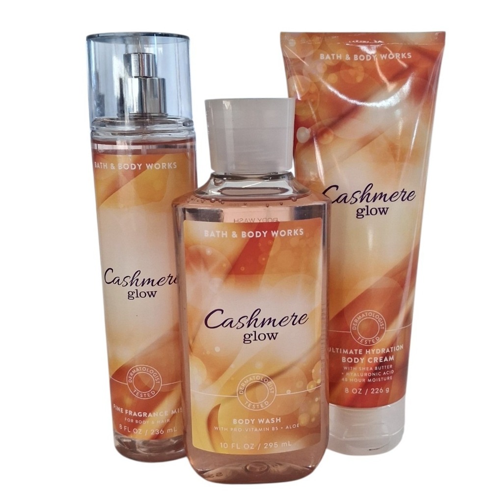 RARE Bath & Body Works Womens Cashmere Glow 3pcs Full Size Bundle Musk Peach